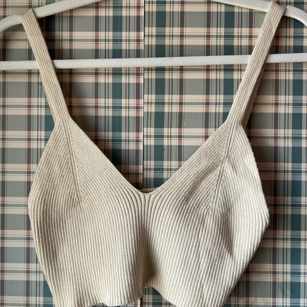 Cream Ribbed Knit Crop Top